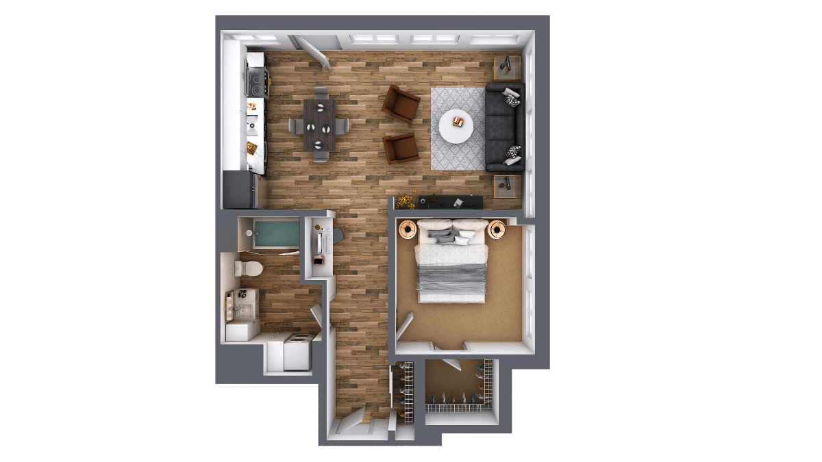 Floor plan for 1 bed, 1 bath, 823 sqft